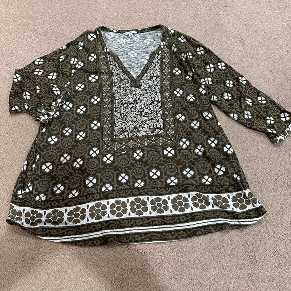 Lucky Brand Top 3/4 Sleeve Boho Peasant V-neck Olive Green White Block Print 2X - Picture 1 of 12